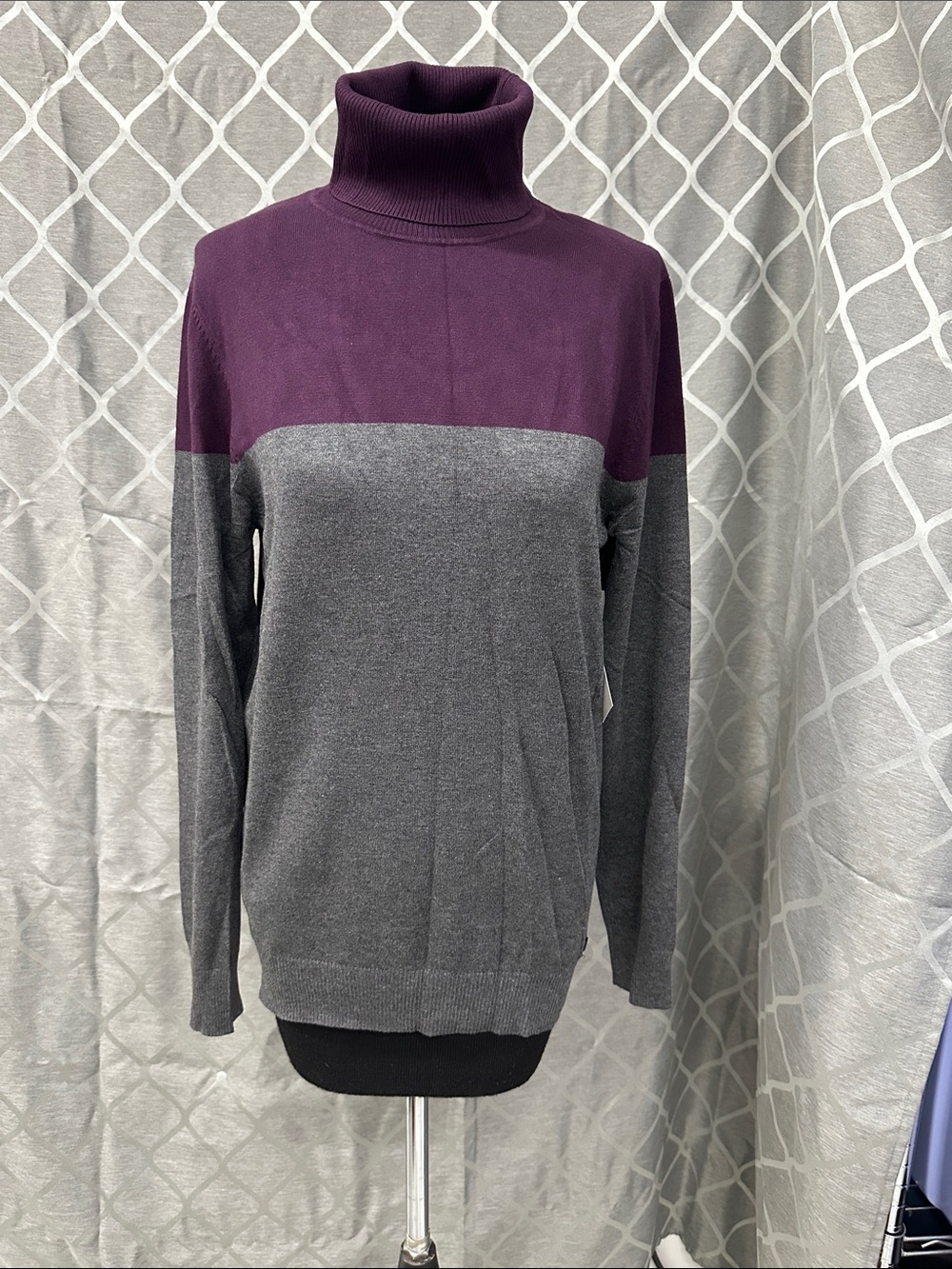 Calvin Klein Two-Tone Turtleneck Sweater in Plum and Heather Gray